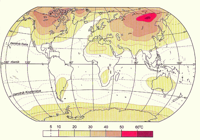 roczna amplituda temperatury na Ziemi